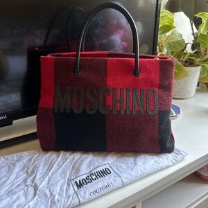Moschino Red and Black Plaid Tote Bag
